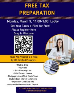 Poster for Free Tax Preparation on March 9 2026