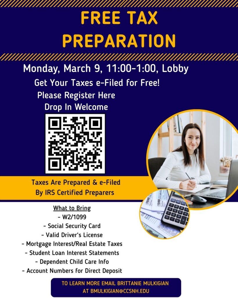 Poster for Free Tax Preparation on March 9 2026