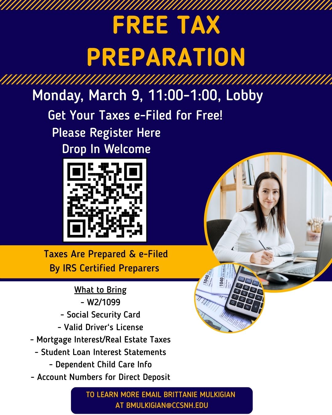 Poster for Free Tax Preparation on March 9 2026