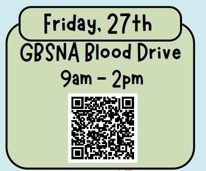 Small poster for GBSNA Blood Drive on March 27